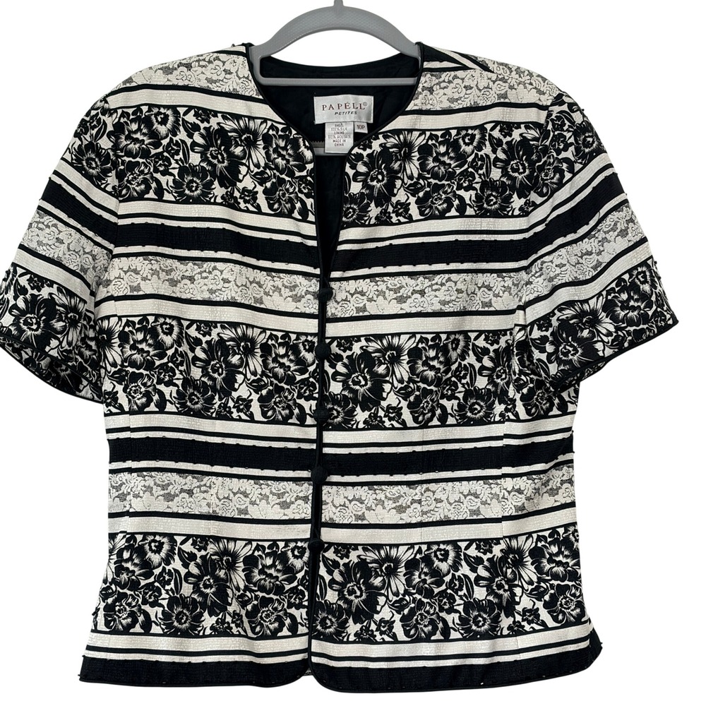 Papell Petites Silk Beaded Floral Blouse 10P‎ Black White